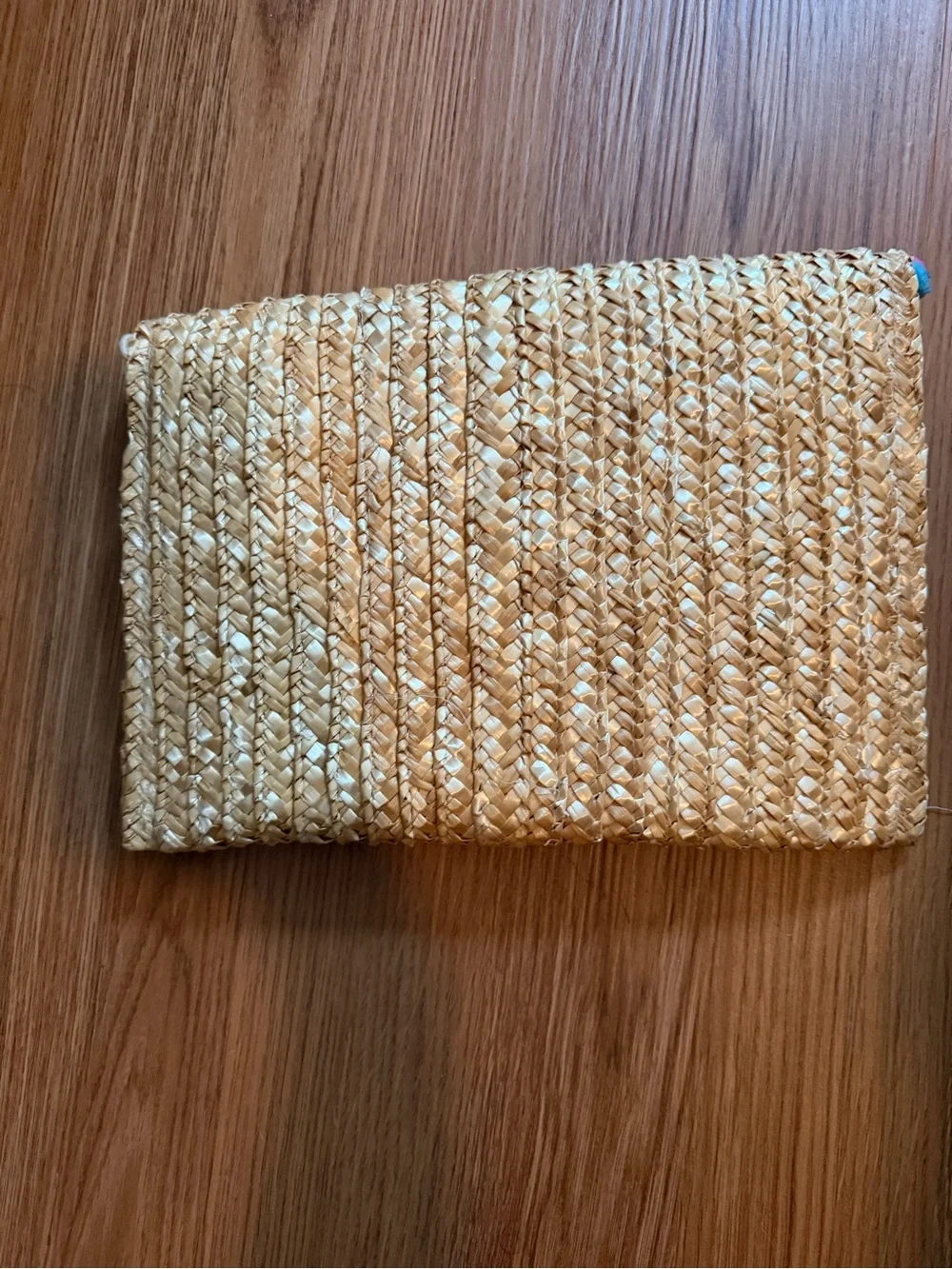 Straw Envelope Clutch with Multicolor Pom-Pom Trim